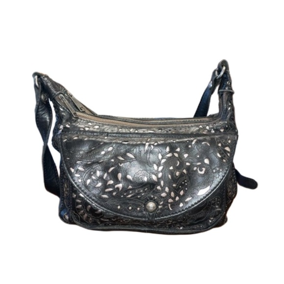 Patricia Nash embossed black leather bag cut outs reveal silver underneath. B5 - Picture 4 of 13